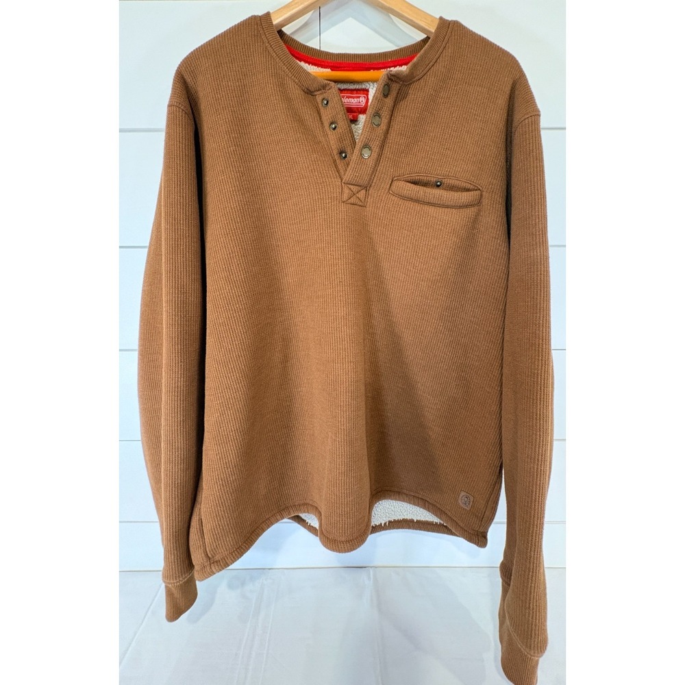 Coleman Men Henley Shirt Sherpa Lined Waffle Size Extra Large XL Brown Tan